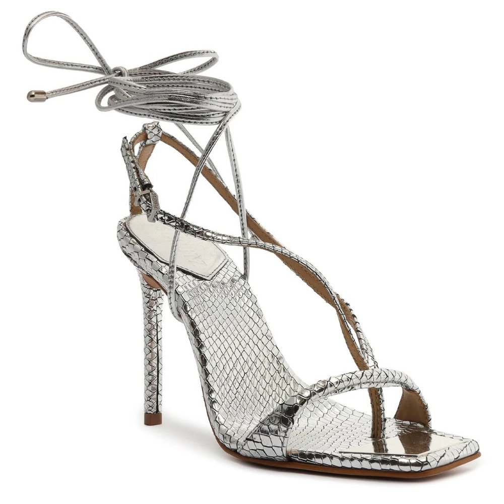 SCHUTZ Vikki Metallic Leather Sandal - Silver - Size 7.5